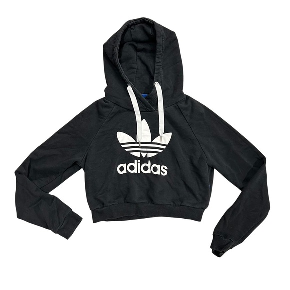 Adidas Trefoil Womens Medium Crop Hoodie Sweatshirt Black/White - Picture 1 of 8